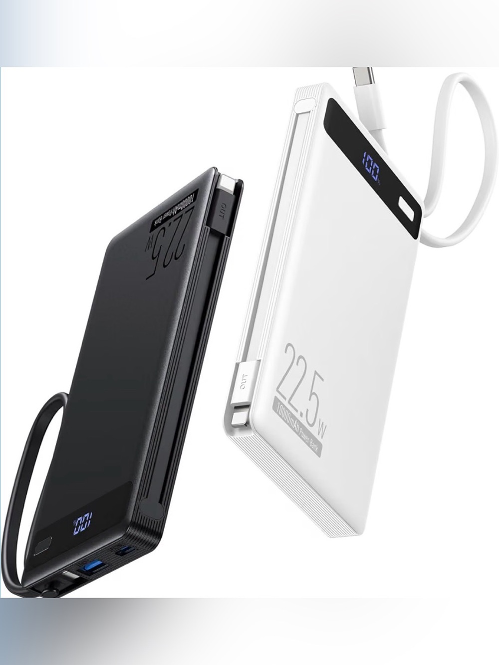 2-Pack 10,000mAh 22.5W Portable Power Banks – Built-In Cables | White & Black